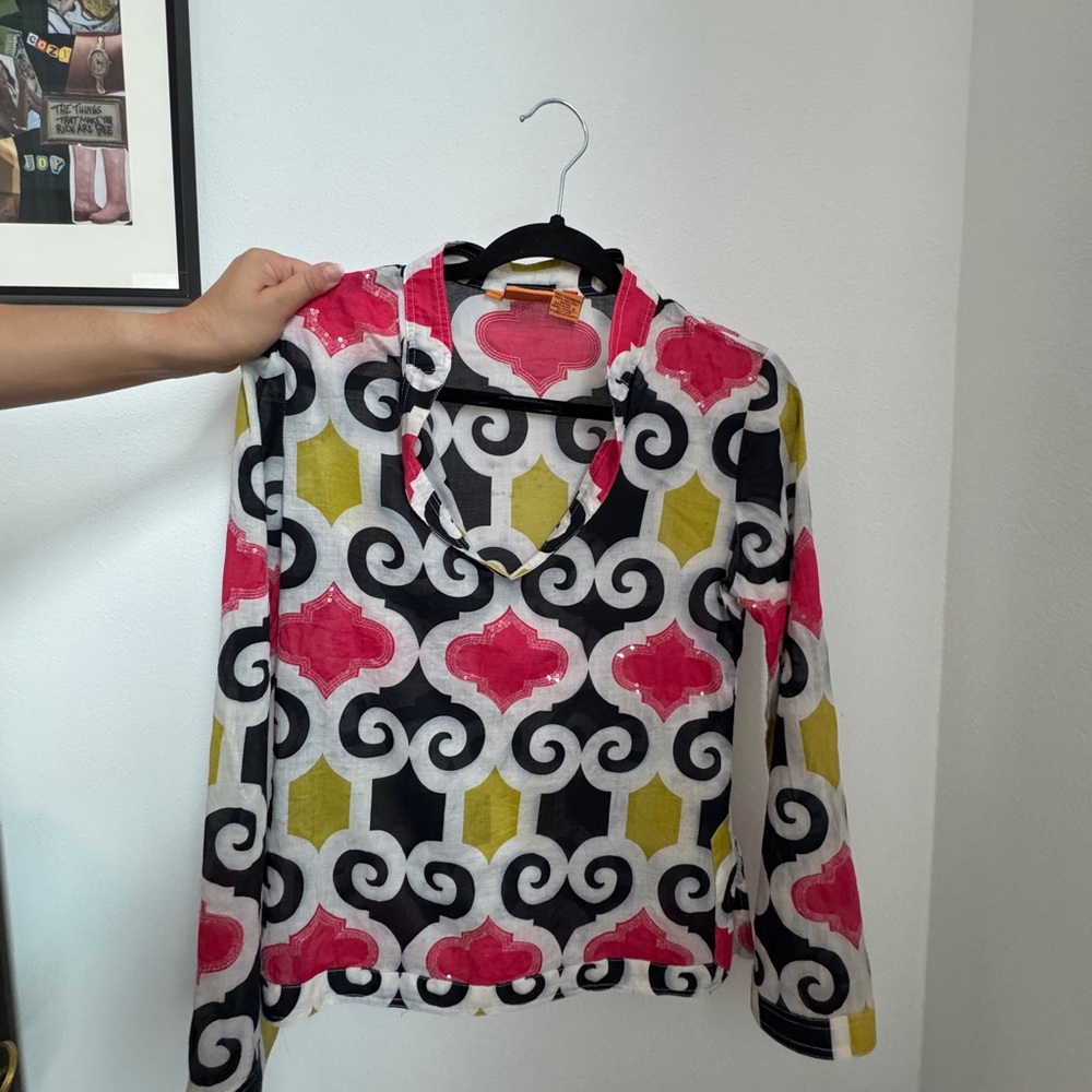 Tory Burch Red and Black Patterned Top- Size Small